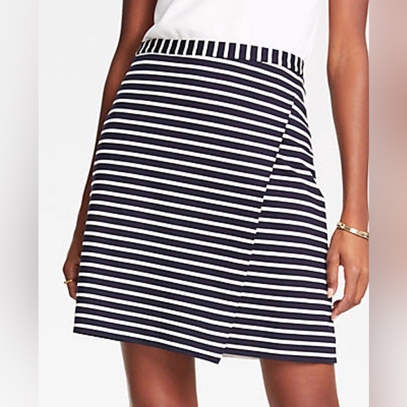 Ann Taylor Navy and White Striped Asymmetric Faux Wrap Skirt - Picture 1 of 8
